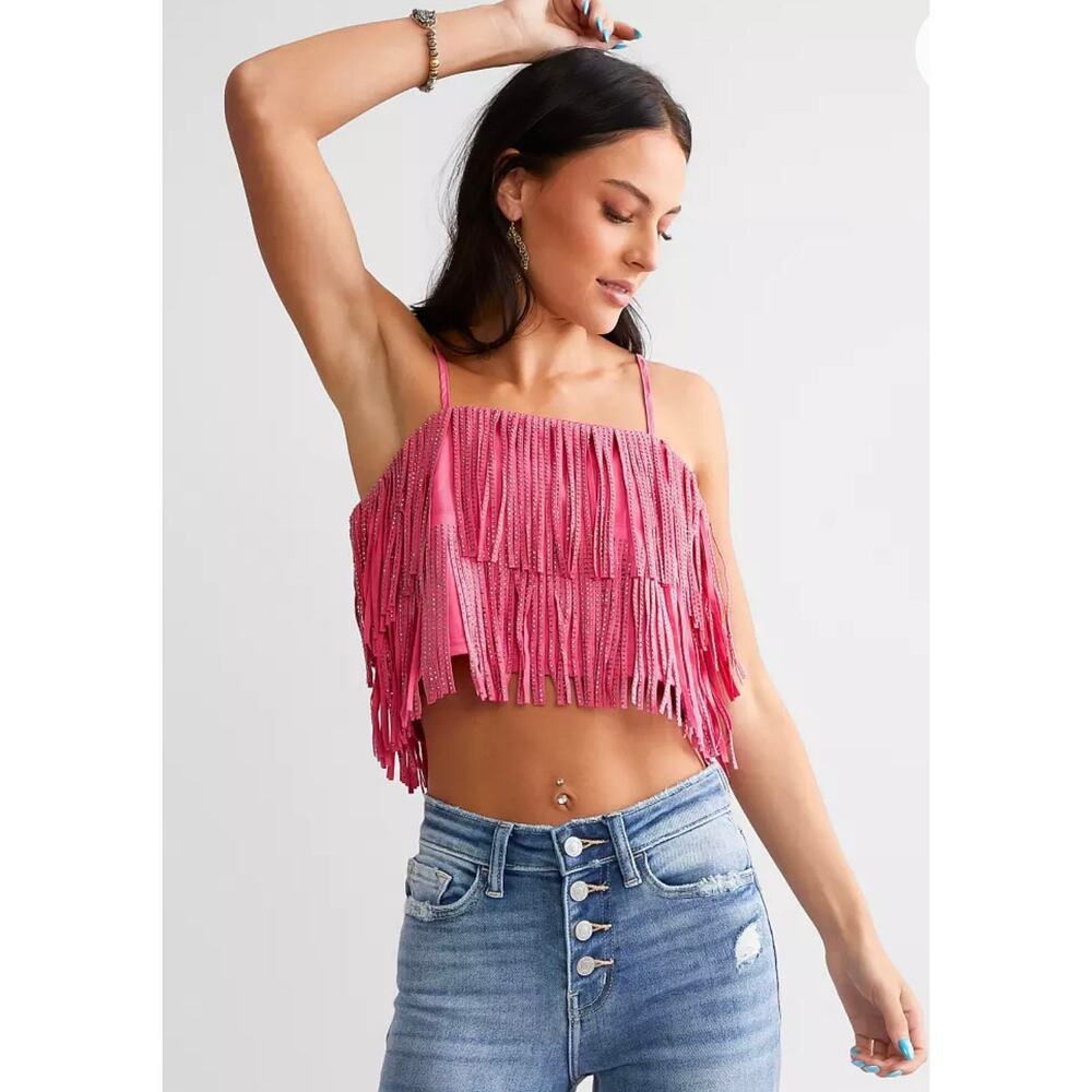 NYLON Apparel Pink Rhinestone Fringe Crop Top Size M - Picture 8 of 8